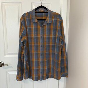 Horny Toad Men's Plaid‎ Mojo Button-Down Long-Sleeve Size XL Orange Blue Tan